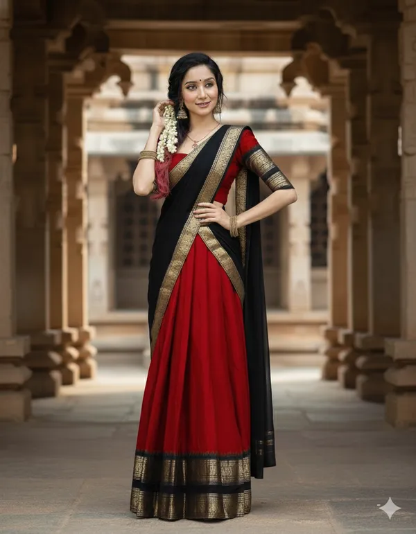 Red__And_Black__Kanjivaram_silk_Half_Lehenga_Saree_With_Blouse_And_Dupatta_For_Women