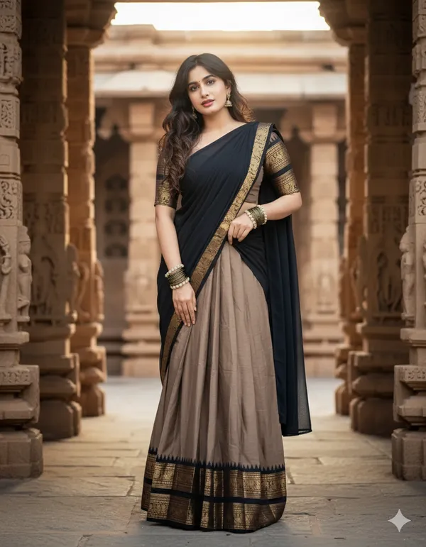 Pitch_And_Black__Kanjivaram_silk__Half_Lehenga_Saree_With_Blouse_And_Dupatta_For_Women