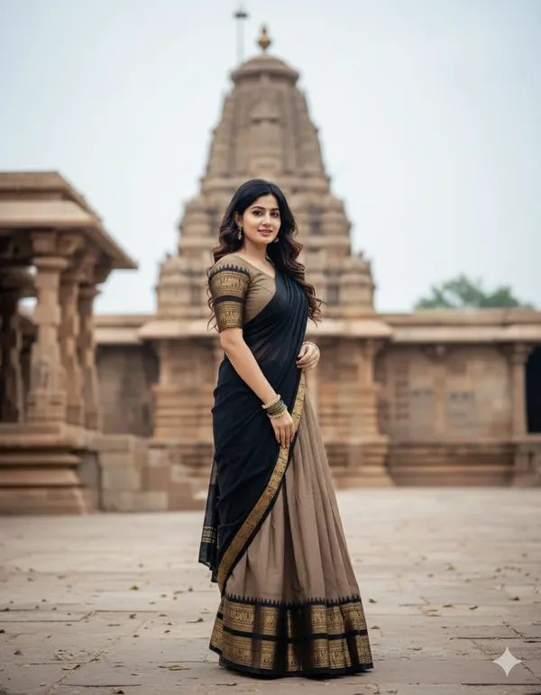 Pitch_And_Black__Kanjivaram_silk__Half_Lehenga_Saree_With_Blouse_And_Dupatta_For_Women