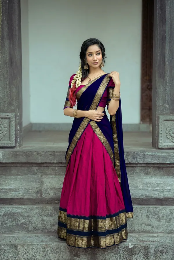 Gajari__And_Blue__Kanjivaram_silk_Half_Lehenga_Saree_With_Blouse_And_Dupatta_For_Women