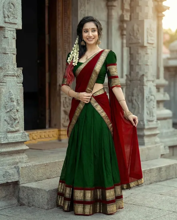 Green__And__Red__Kanjivaram_silk_Half_Lehenga_Saree_With_Blouse_And_Dupatta_For_Women