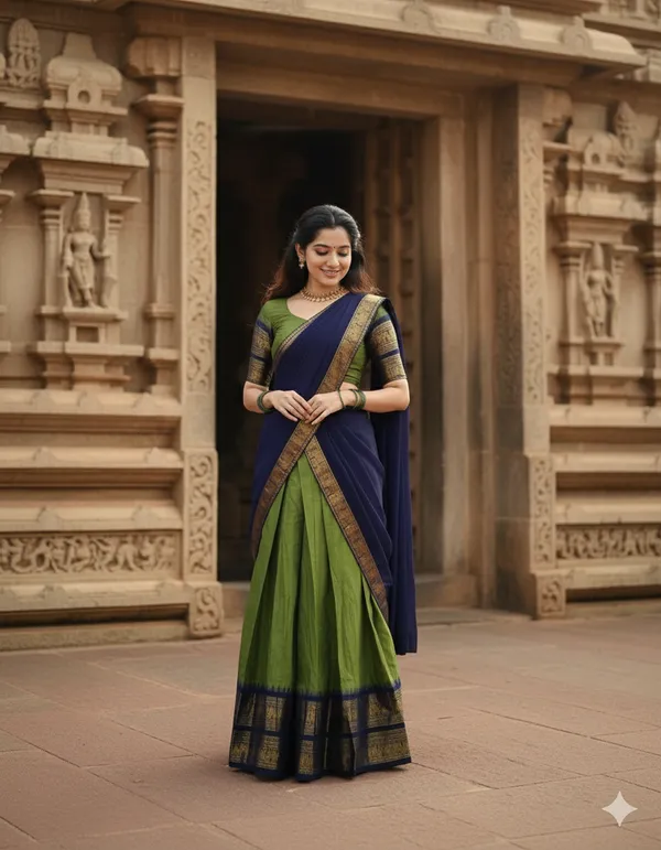 Mehndi_And_Blue__Kanjivaram_silk_Half_Lehenga_Saree_With_Blouse_And_Dupatta_For_Women