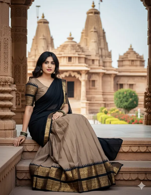 Pitch_And_Black__Kanjivaram_silk__Half_Lehenga_Saree_With_Blouse_And_Dupatta_For_Women