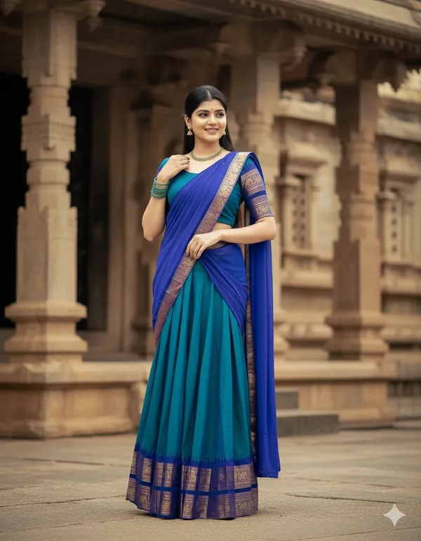 Firozi__And_Blue__Kanjivaram_silk_Half_Lehenga_Saree_With_Blouse_And_Dupatta_For_Women