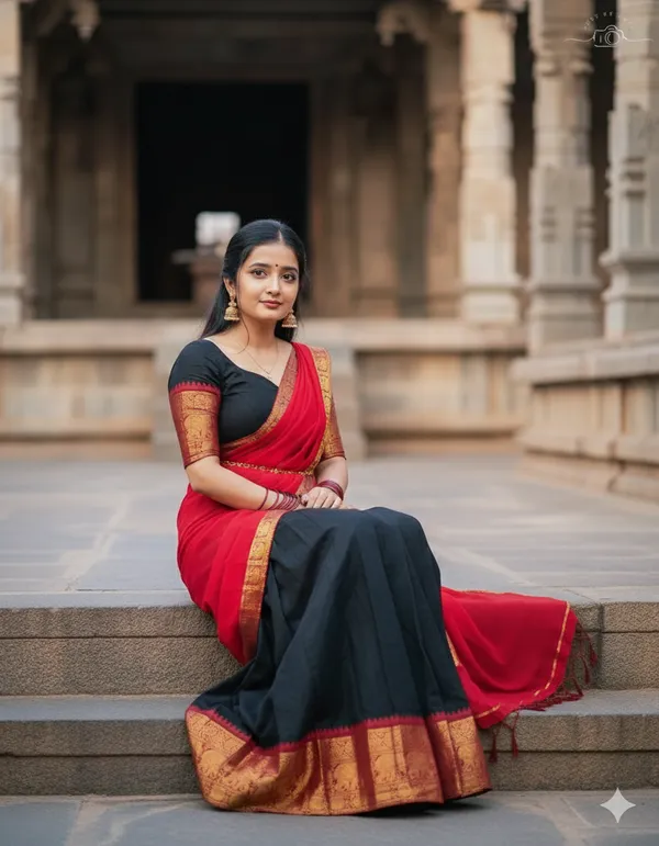 Black_And__Red__Kanjivaram_silk__Half_Lehenga_Saree_With_Blouse_And_Dupatta_For_Women