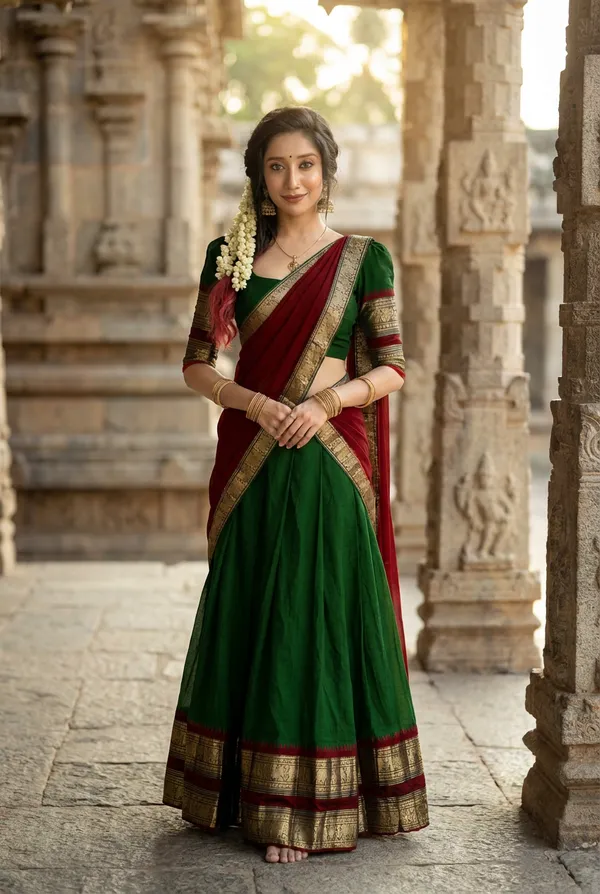 Green__And__Red__Kanjivaram_silk_Half_Lehenga_Saree_With_Blouse_And_Dupatta_For_Women