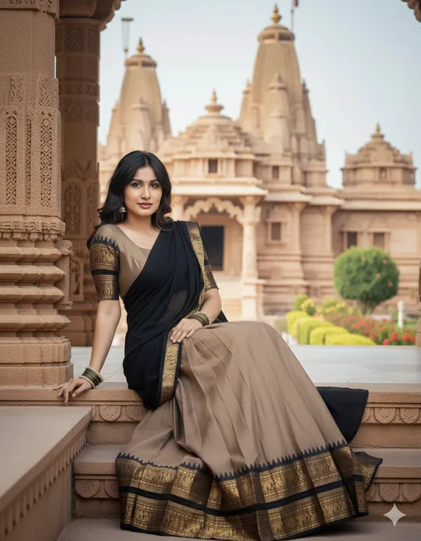 Pitch_And_Black__Kanjivaram_silk__Half_Lehenga_Saree_With_Blouse_And_Dupatta_For_Women