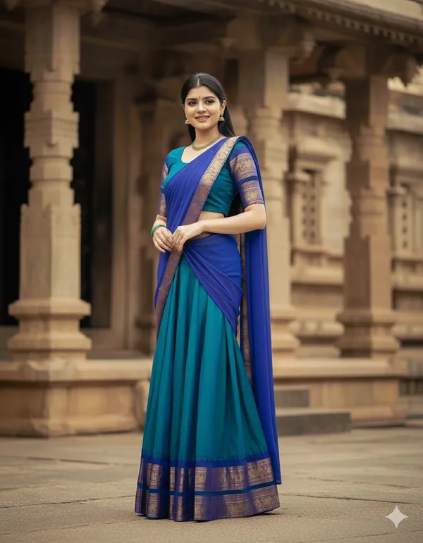 Firozi__And_Blue__Kanjivaram_silk_Half_Lehenga_Saree_With_Blouse_And_Dupatta_For_Women