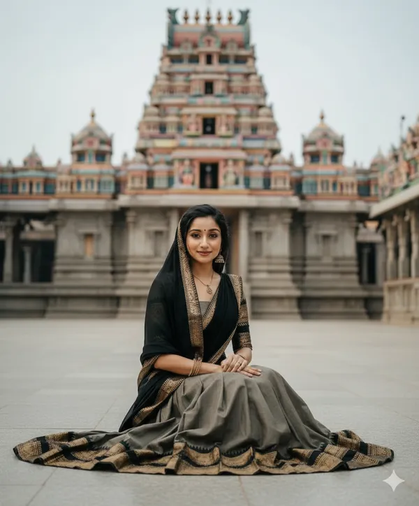 Grey_And__Black__Kanjivaram_silk_d_Half_Lehenga_Saree_With_Blouse_And_Dupatta_For_Women