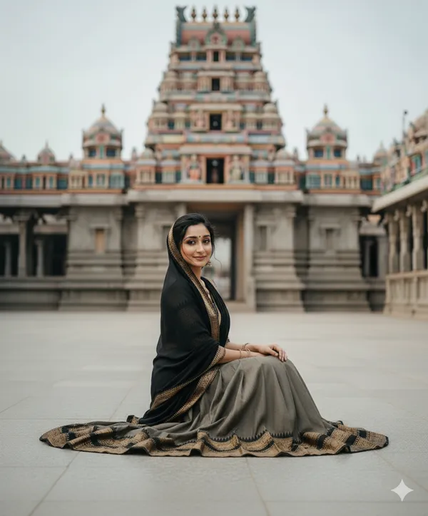 Grey_And__Black__Kanjivaram_silk_d_Half_Lehenga_Saree_With_Blouse_And_Dupatta_For_Women