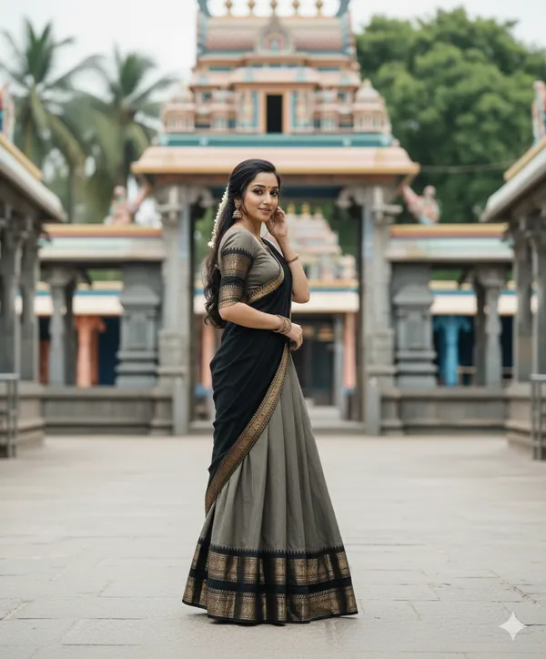 Grey_And__Black__Kanjivaram_silk_d_Half_Lehenga_Saree_With_Blouse_And_Dupatta_For_Women