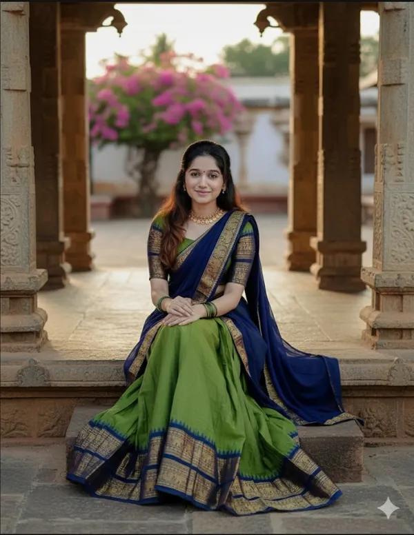 Mehndi_And_Blue__Kanjivaram_silk_Half_Lehenga_Saree_With_Blouse_And_Dupatta_For_Women