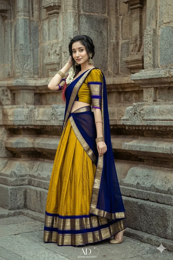 Yellow__And_Blue__Kanjivaram_silk__Half_Lehenga_Saree_With_Blouse_And_Dupatta_For_Women