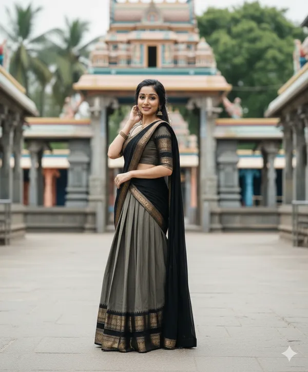 Grey_And__Black__Kanjivaram_silk_d_Half_Lehenga_Saree_With_Blouse_And_Dupatta_For_Women