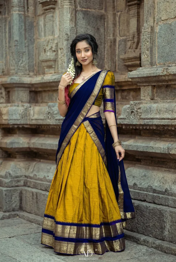 Yellow__And_Blue__Kanjivaram_silk__Half_Lehenga_Saree_With_Blouse_And_Dupatta_For_Women