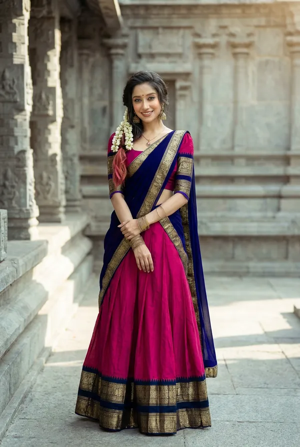 Gajari__And_Blue__Kanjivaram_silk_Half_Lehenga_Saree_With_Blouse_And_Dupatta_For_Women