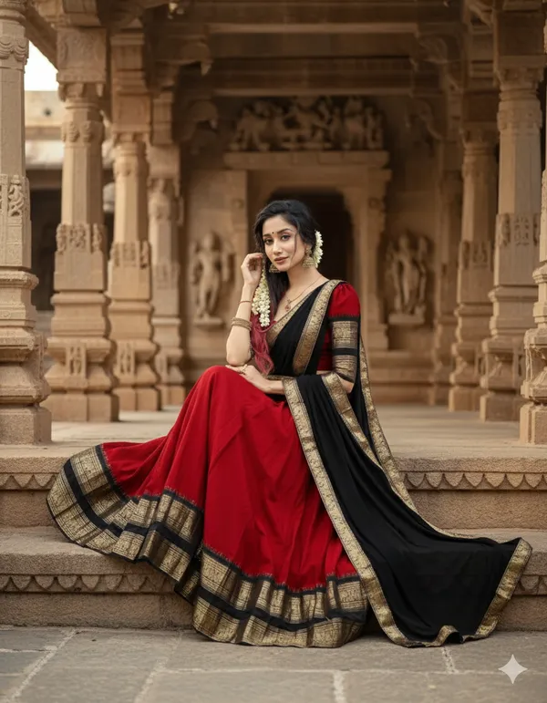 Red__And_Black__Kanjivaram_silk_Half_Lehenga_Saree_With_Blouse_And_Dupatta_For_Women