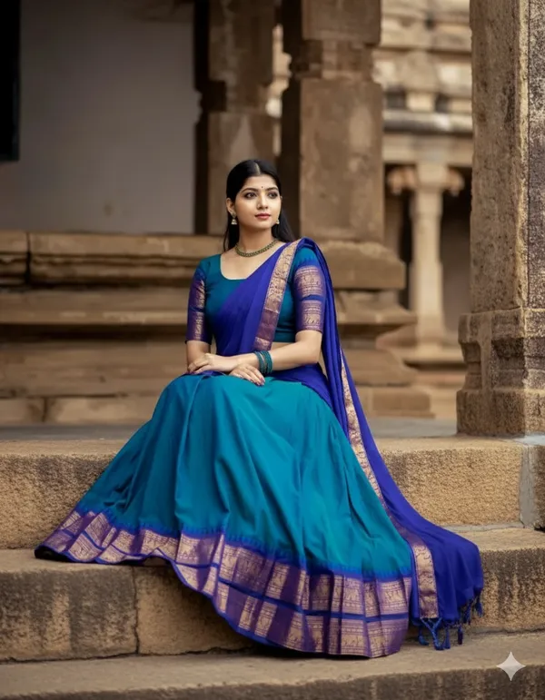 Firozi__And_Blue__Kanjivaram_silk_Half_Lehenga_Saree_With_Blouse_And_Dupatta_For_Women