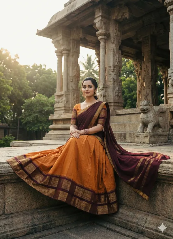 Orange__And__Maroon__Kanjivaram_silk_Half_Lehenga_Saree_With_Blouse_And_Dupatta_For_Women