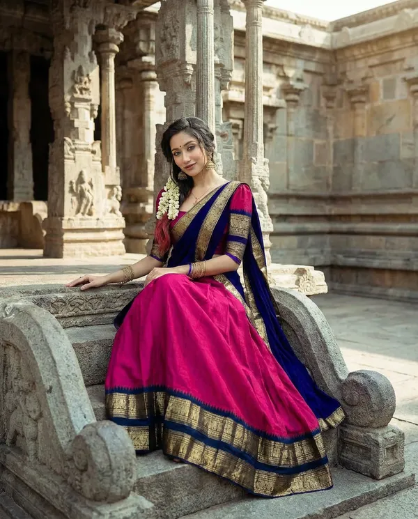 Gajari__And_Blue__Kanjivaram_silk_Half_Lehenga_Saree_With_Blouse_And_Dupatta_For_Women