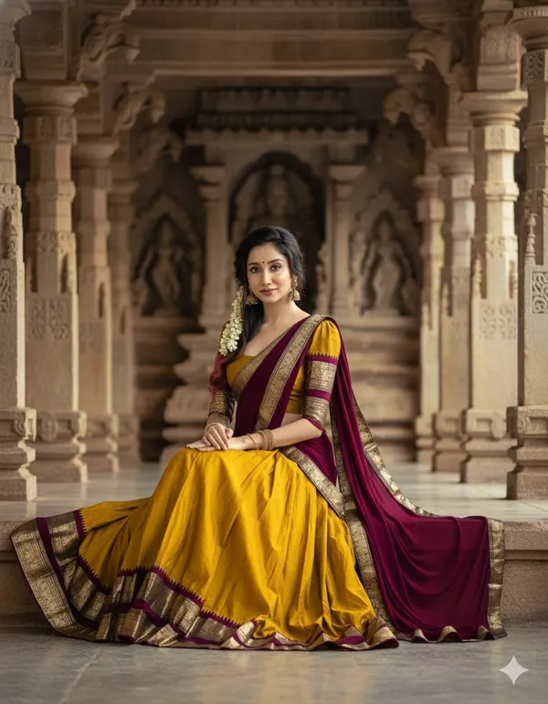 Yellow_And_Maroon_Kanjivaram_silk__Half_Lehenga_Saree_With_Blouse_And_Dupatta_For_Women