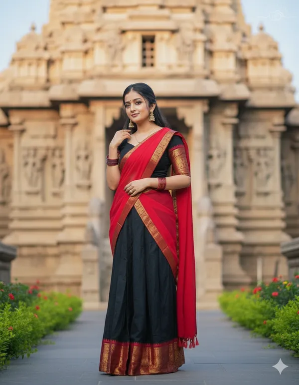 Black_And__Red__Kanjivaram_silk__Half_Lehenga_Saree_With_Blouse_And_Dupatta_For_Women