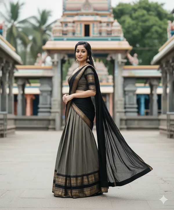 Grey_And__Black__Kanjivaram_silk_d_Half_Lehenga_Saree_With_Blouse_And_Dupatta_For_Women