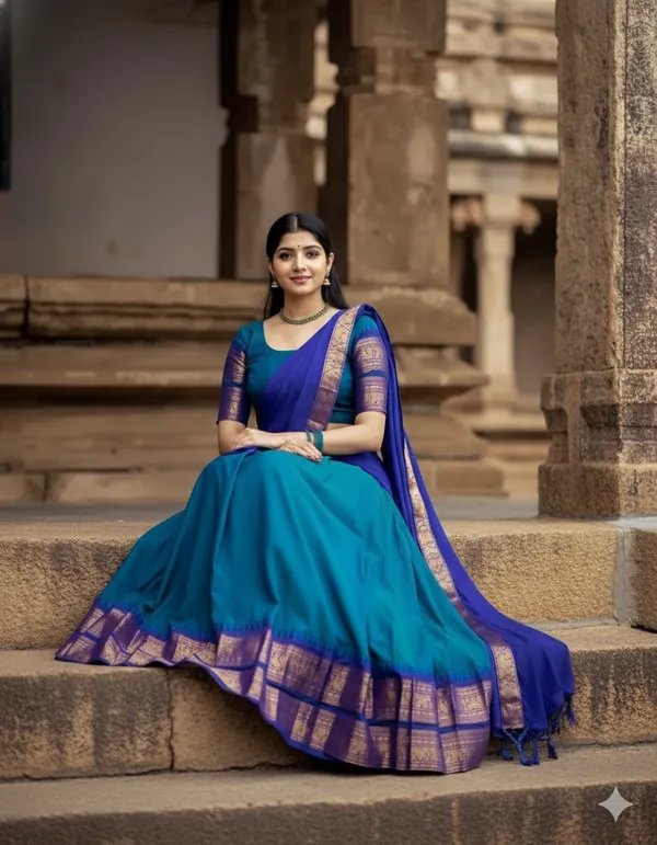 Firozi__And_Blue__Kanjivaram_silk_Half_Lehenga_Saree_With_Blouse_And_Dupatta_For_Women