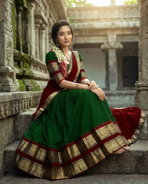 Green__And__Red__Kanjivaram_silk_Half_Lehenga_Saree_With_Blouse_And_Dupatta_For_Women