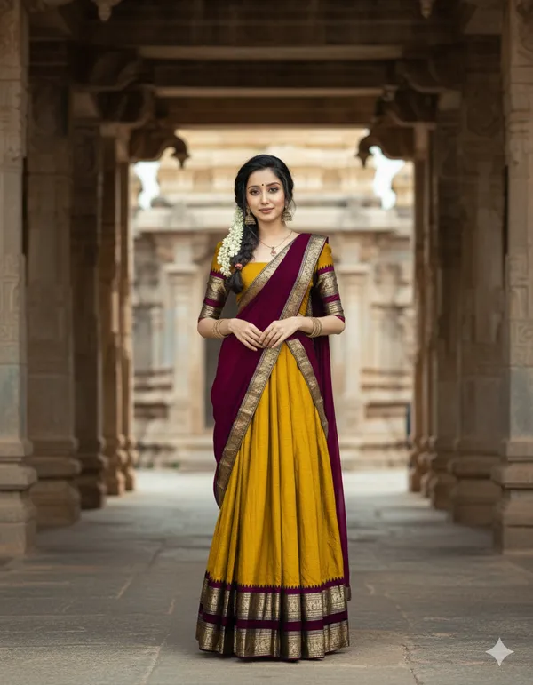 Yellow_And_Maroon_Kanjivaram_silk__Half_Lehenga_Saree_With_Blouse_And_Dupatta_For_Women