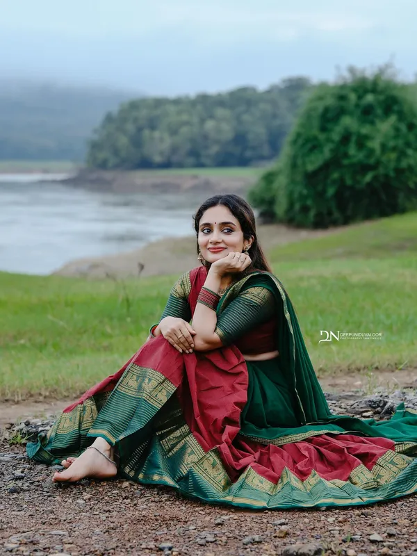 Red_And__Green_Kanjivaram_silk__Half_Lehenga_Saree_With_Blouse_And_Dupatta_For_Women
