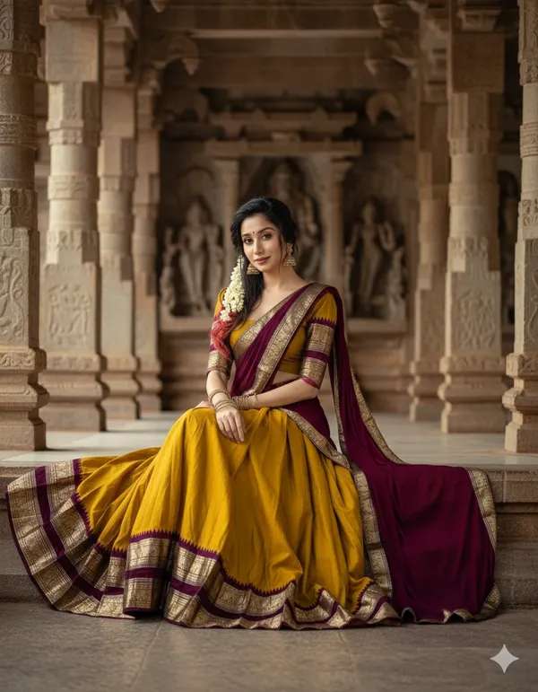 Yellow_And_Maroon_Kanjivaram_silk__Half_Lehenga_Saree_With_Blouse_And_Dupatta_For_Women