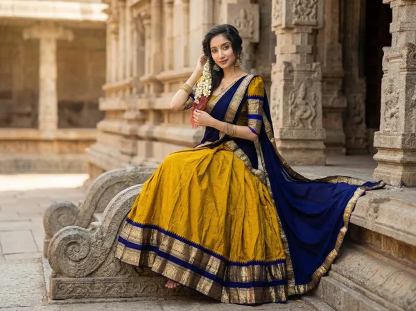 Yellow__And_Blue__Kanjivaram_silk__Half_Lehenga_Saree_With_Blouse_And_Dupatta_For_Women