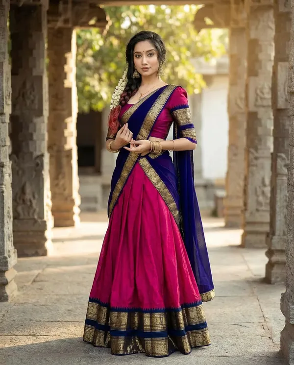 Gajari__And_Blue__Kanjivaram_silk_Half_Lehenga_Saree_With_Blouse_And_Dupatta_For_Women
