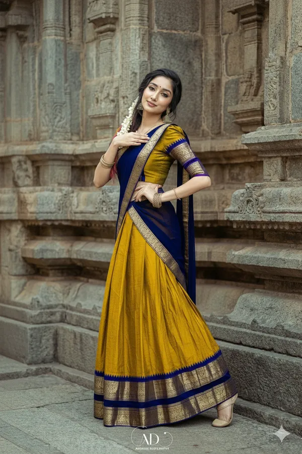 Yellow__And_Blue__Kanjivaram_silk__Half_Lehenga_Saree_With_Blouse_And_Dupatta_For_Women