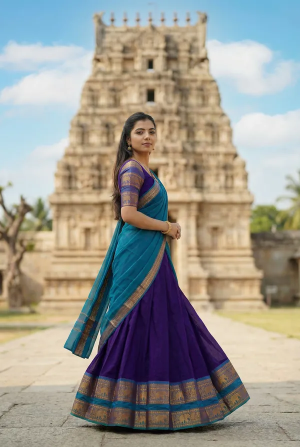 Wine_And_Firozi__Kanjivaram_silk_Half_Lehenga_Saree_With_Blouse_And_Dupatta_For_Women