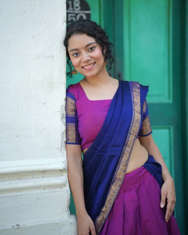 Gajari__And_Blue__Kanjivaram_silk__Half_Lehenga_Saree_With_Blouse_And_Dupatta_For_Women