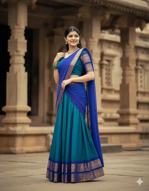 Firozi__And_Blue__Kanjivaram_silk_Half_Lehenga_Saree_With_Blouse_And_Dupatta_For_Women