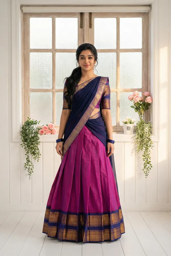 Gajari__And_Blue__Kanjivaram_silk__Half_Lehenga_Saree_With_Blouse_And_Dupatta_For_Women