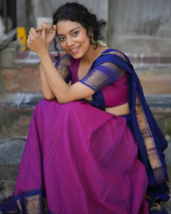 Gajari__And_Blue__Kanjivaram_silk__Half_Lehenga_Saree_With_Blouse_And_Dupatta_For_Women