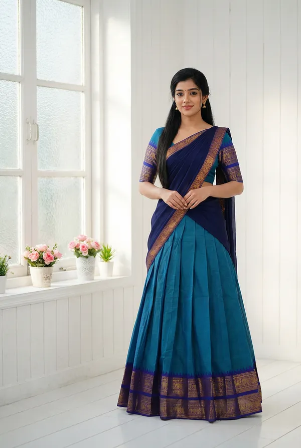 Firozi_And_Blue__Kanjivaram_silk__Half_Lehenga_Saree_With_Blouse_And_Dupatta_For_Women