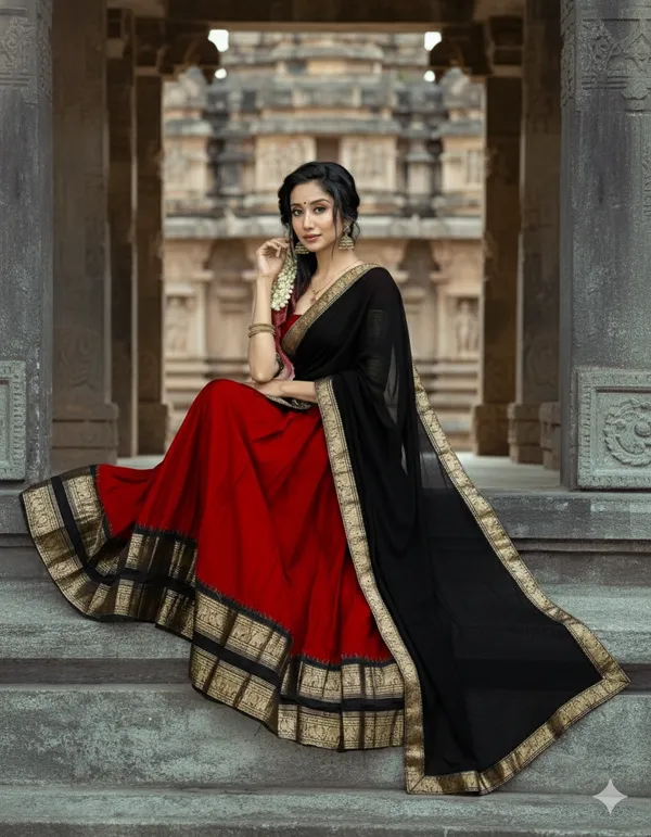Red__And_Black__Kanjivaram_silk_Half_Lehenga_Saree_With_Blouse_And_Dupatta_For_Women