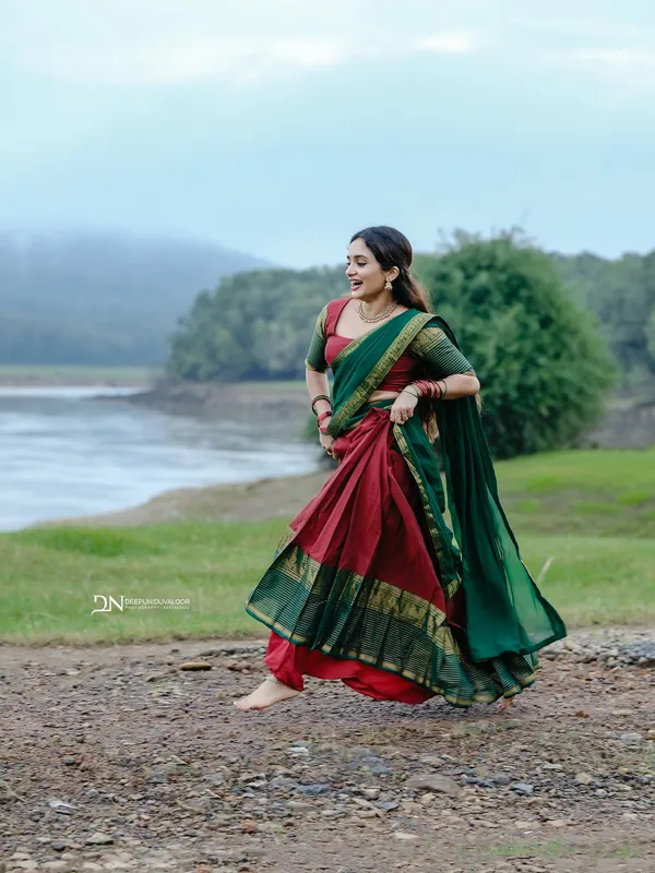 Red_And__Green_Kanjivaram_silk__Half_Lehenga_Saree_With_Blouse_And_Dupatta_For_Women