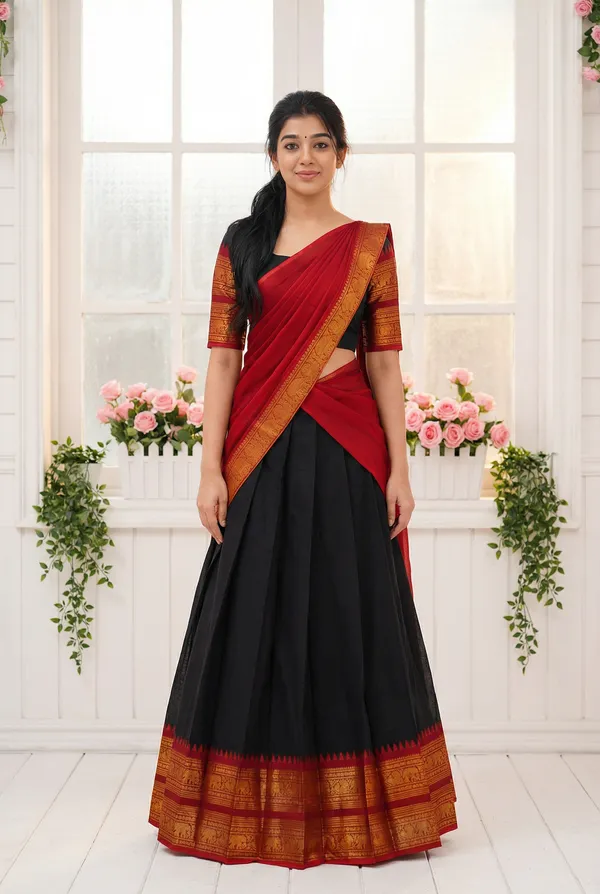 Black_And_Red__Kanjivaram_silk_Half_Lehenga_Saree_With_Blouse_And_Dupatta_For_Women