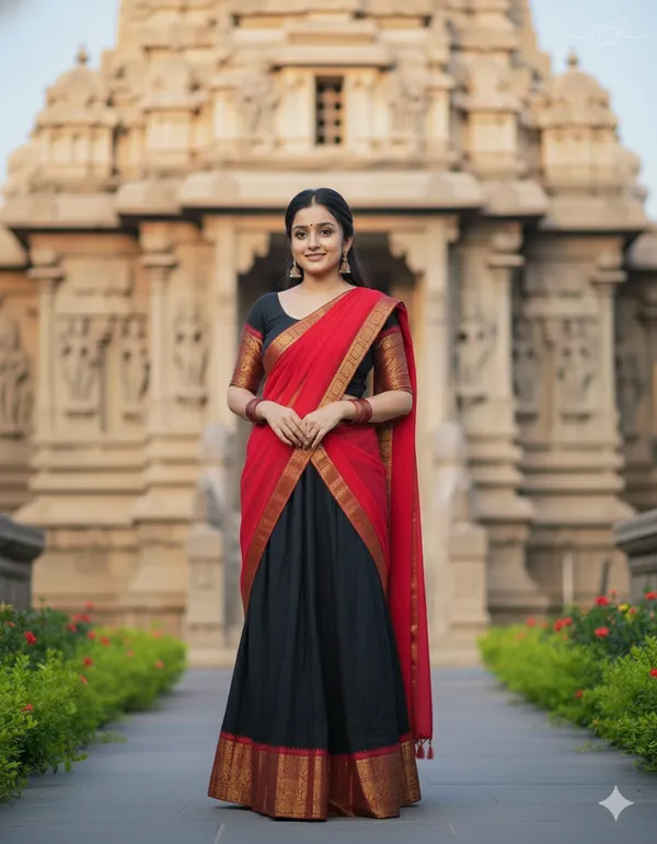Black_And__Red__Kanjivaram_silk__Half_Lehenga_Saree_With_Blouse_And_Dupatta_For_Women