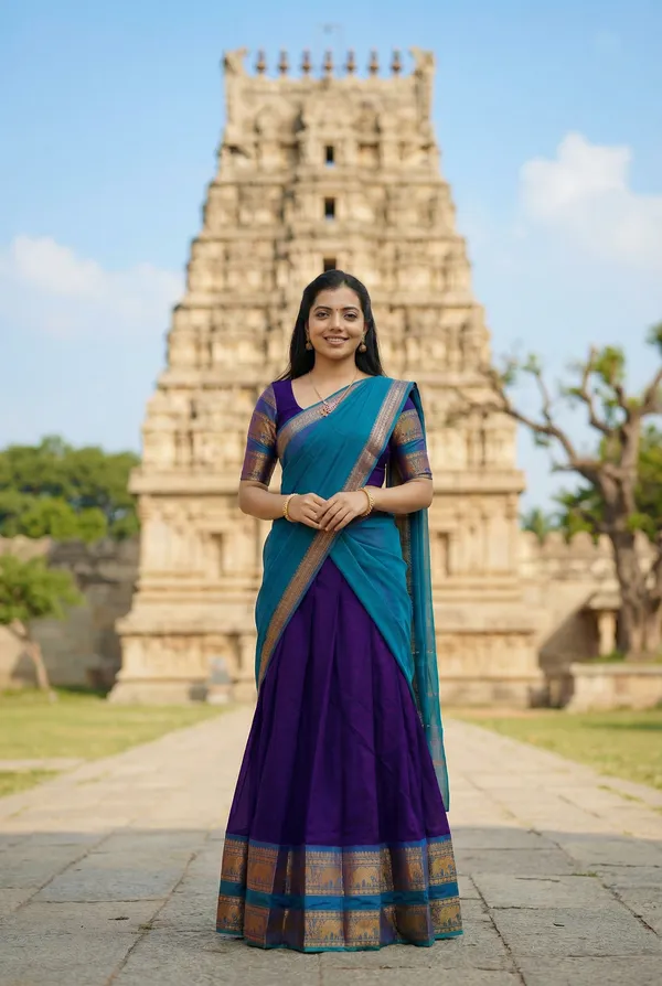 Wine_And_Firozi__Kanjivaram_silk_Half_Lehenga_Saree_With_Blouse_And_Dupatta_For_Women
