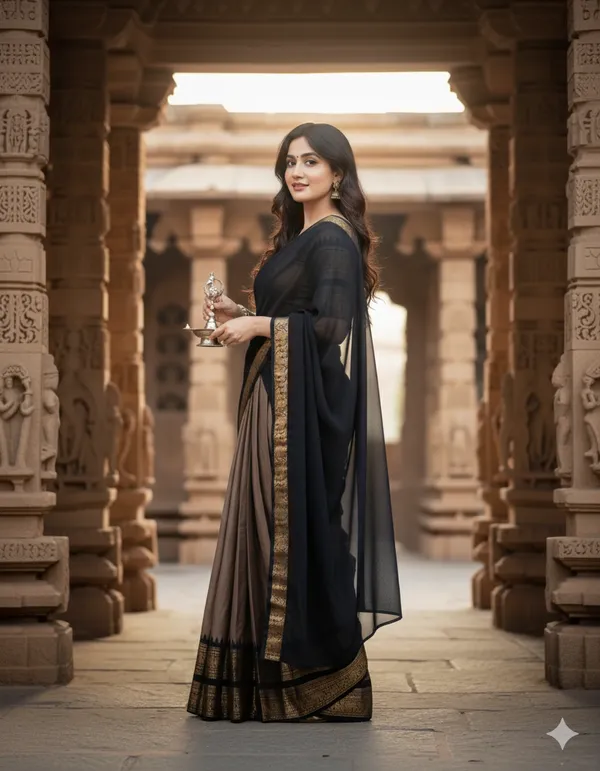 Pitch_And_Black__Kanjivaram_silk__Half_Lehenga_Saree_With_Blouse_And_Dupatta_For_Women
