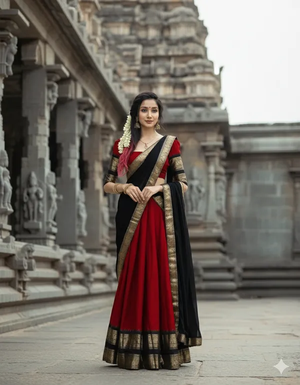Red__And_Black__Kanjivaram_silk_Half_Lehenga_Saree_With_Blouse_And_Dupatta_For_Women
