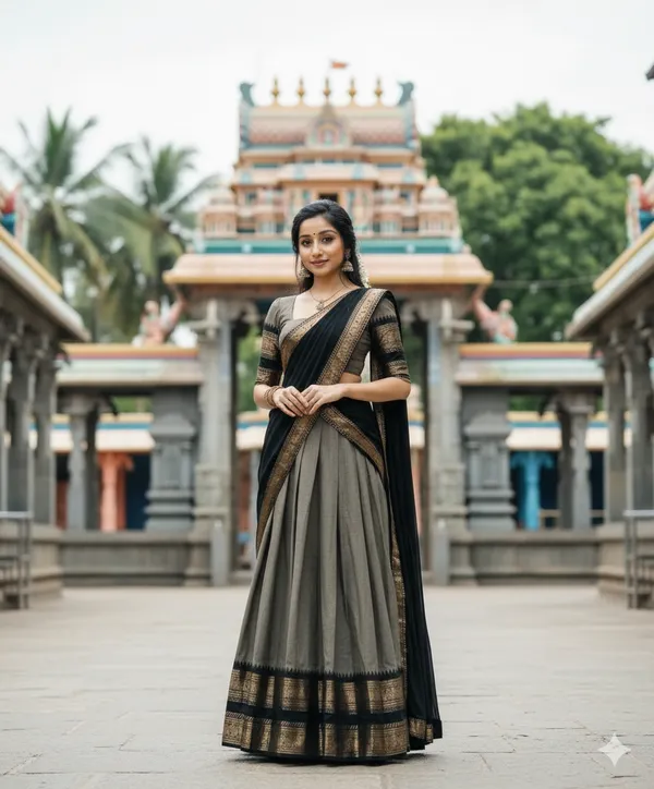 Grey_And__Black__Kanjivaram_silk_d_Half_Lehenga_Saree_With_Blouse_And_Dupatta_For_Women