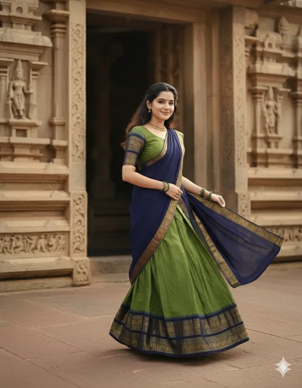 Mehndi_And_Blue__Kanjivaram_silk_Half_Lehenga_Saree_With_Blouse_And_Dupatta_For_Women